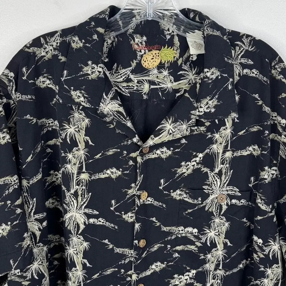 Caribbean Silk Blend Men's XL Black White Hawaiian Palm Tree Camp Shirt